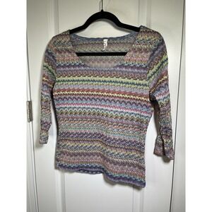 Suzy Shier Blouse -‎ Rainbow Chevron Stripes Sheerish Size M 3/4 Sleeve